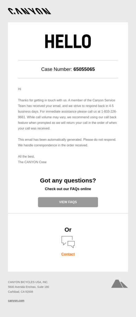 Canyon ackowledgement email
