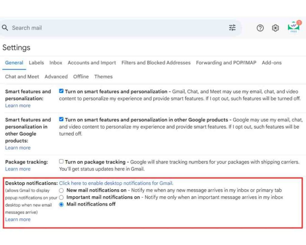 Switching on Gmail Notifications