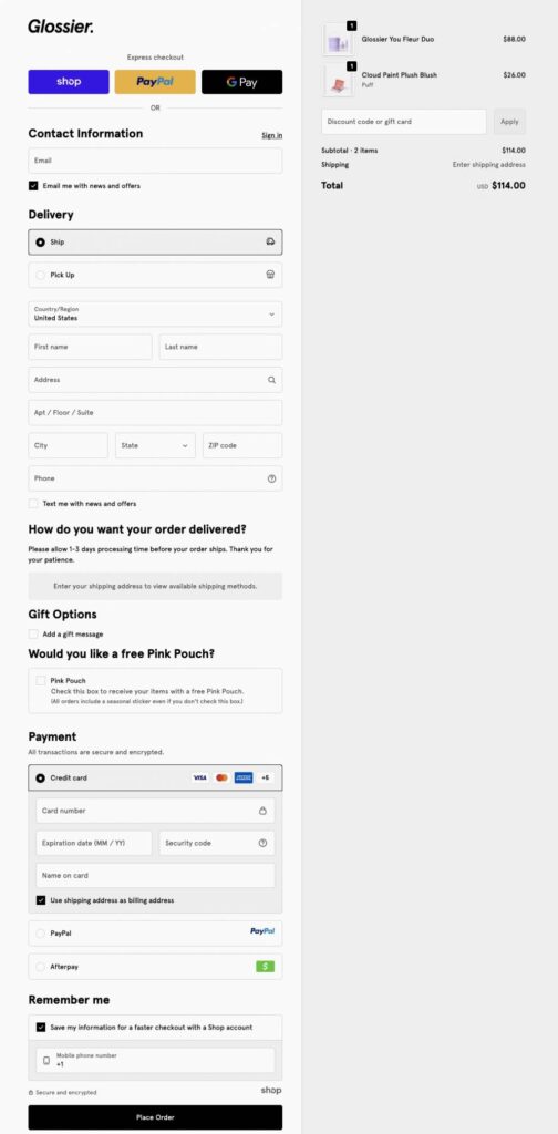 Glossier checkout form