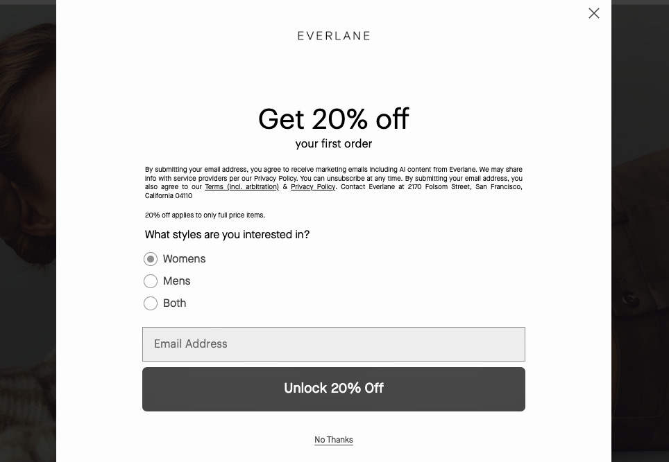 everlane discount popup