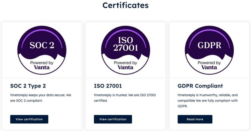 timetoreply compliance certifications