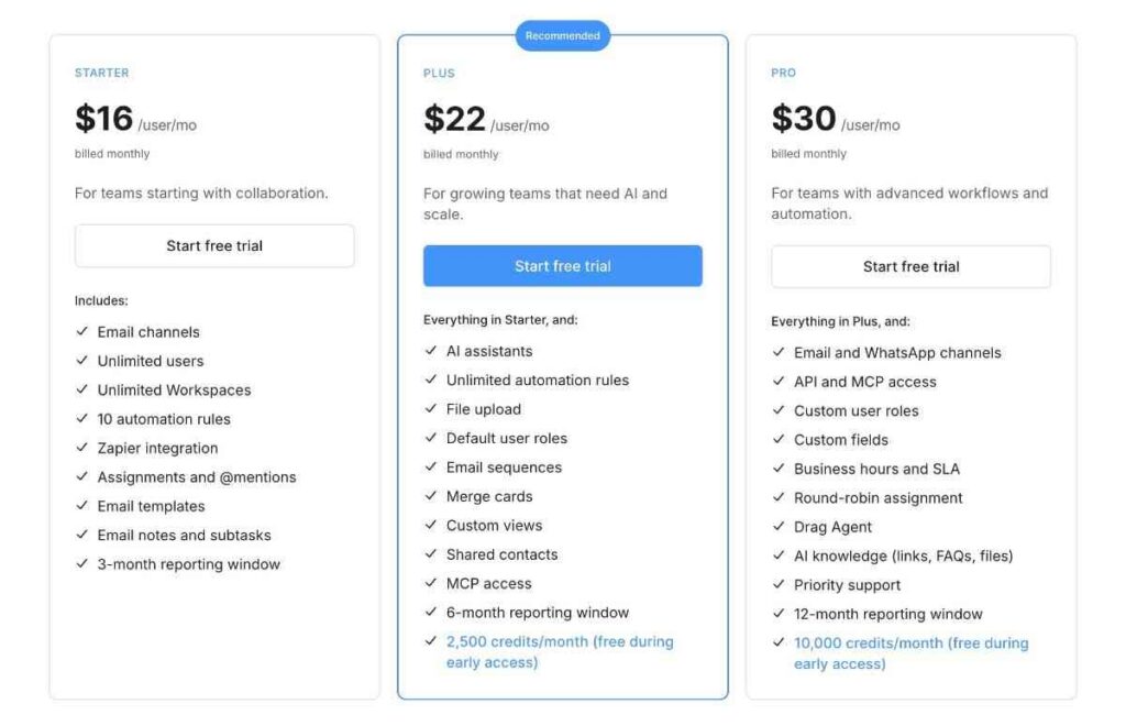 Pricing page screenshot of Drag