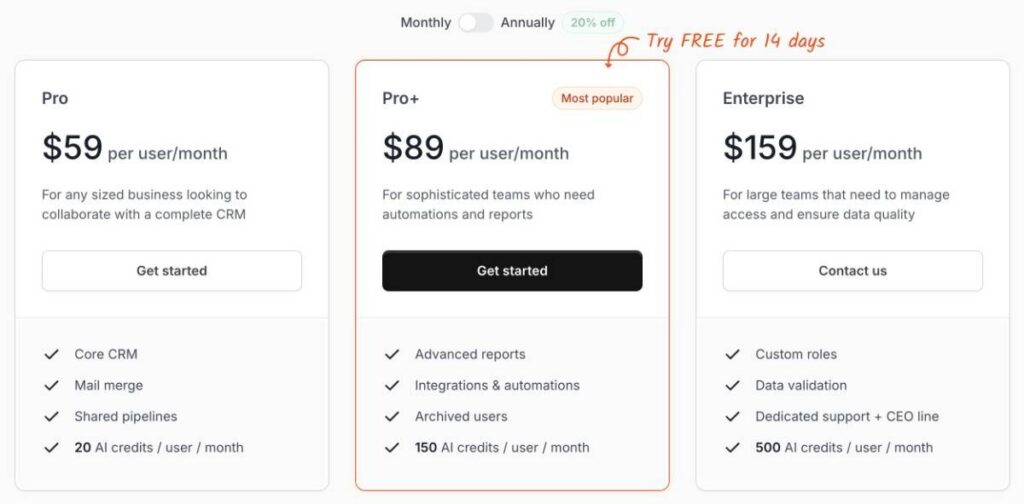 Pricing page screenshot of Streak