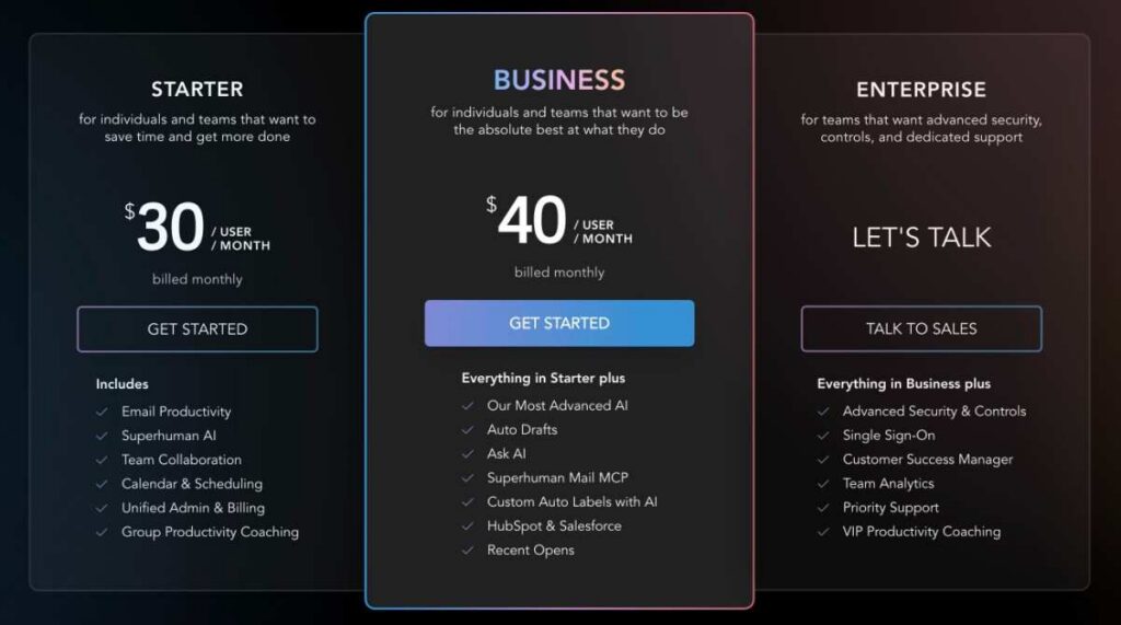 Pricing page screenshot of Superhuman