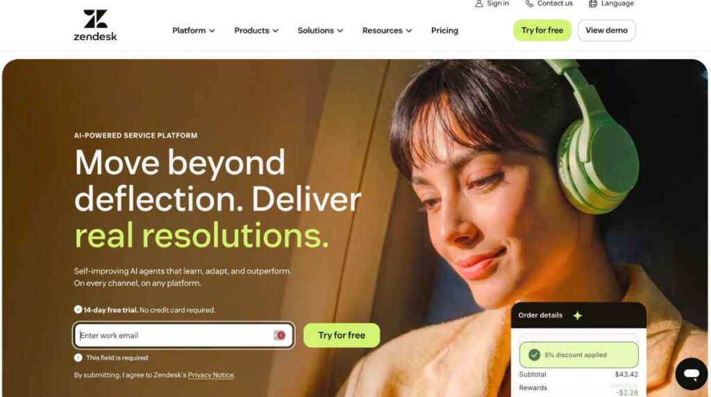 Zendesk homepage screenshot