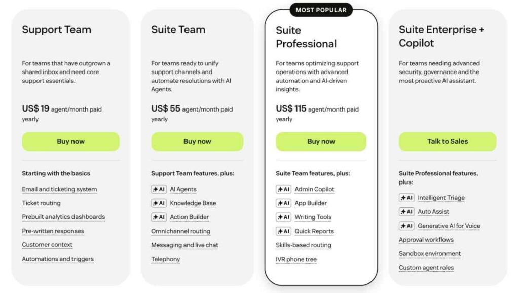 Pricing page screenshot for Zendesk