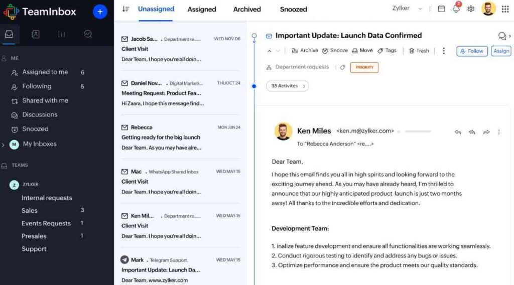 Zoho TeamInbox shared inbox