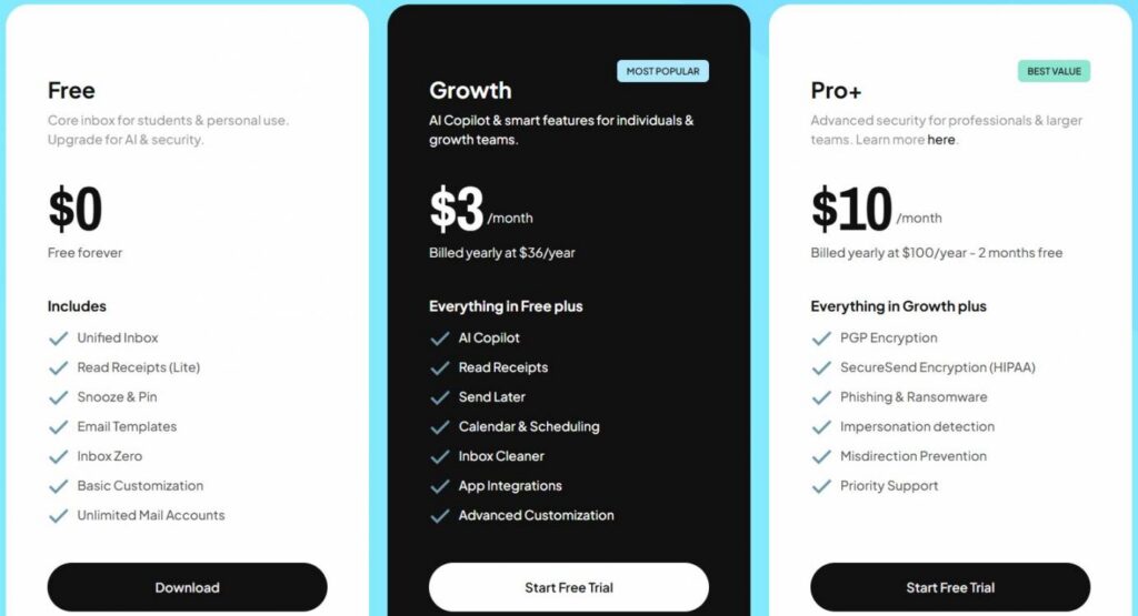 Canary mail pricing page