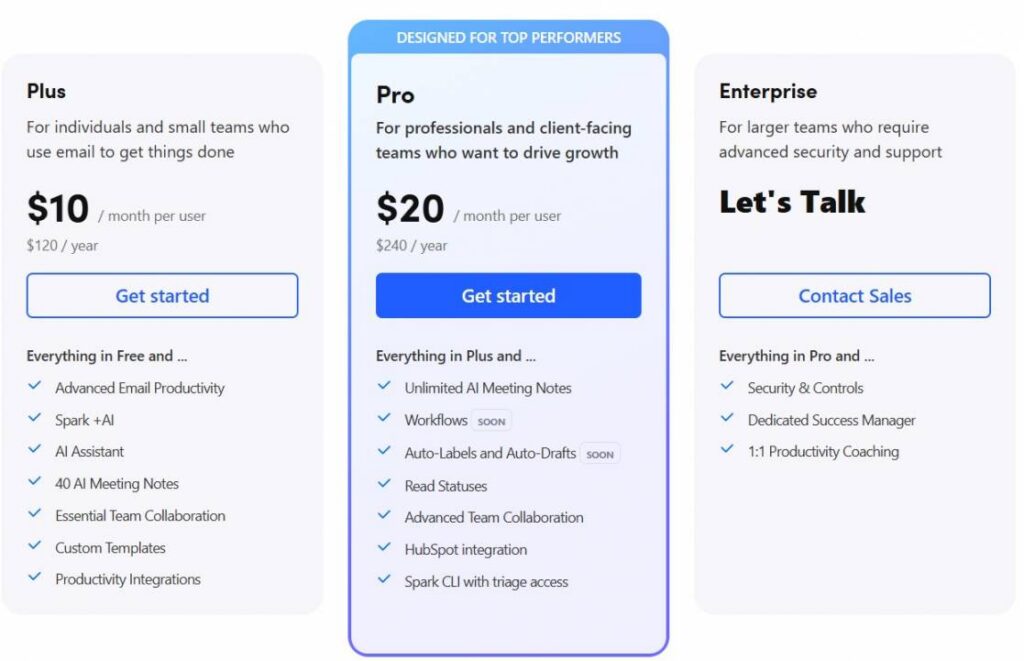 Spark pricing page