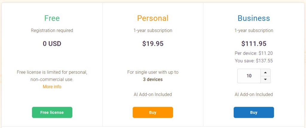eM Client pricing page