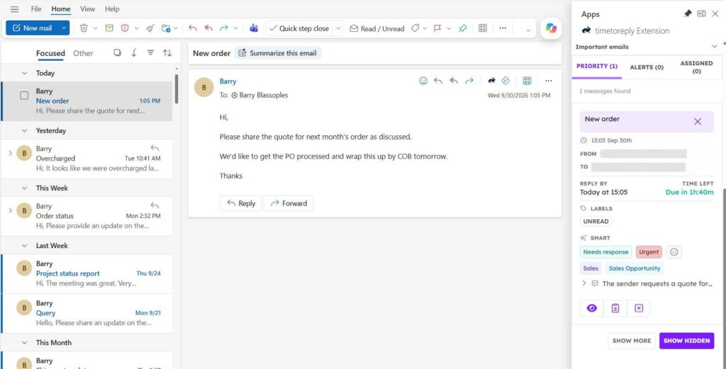 timetoreply in-inbox SLA alert
